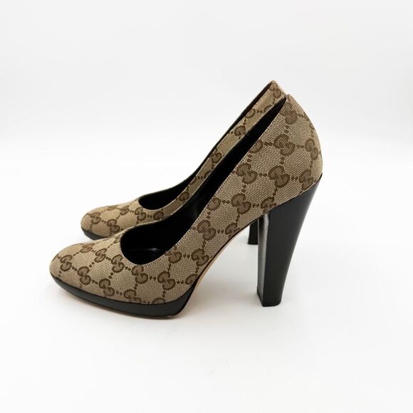 Gucci GG Monogram Brown Canvas Platform Pumps Wooden Heels Size 7.5 - Picture 5 of 12
